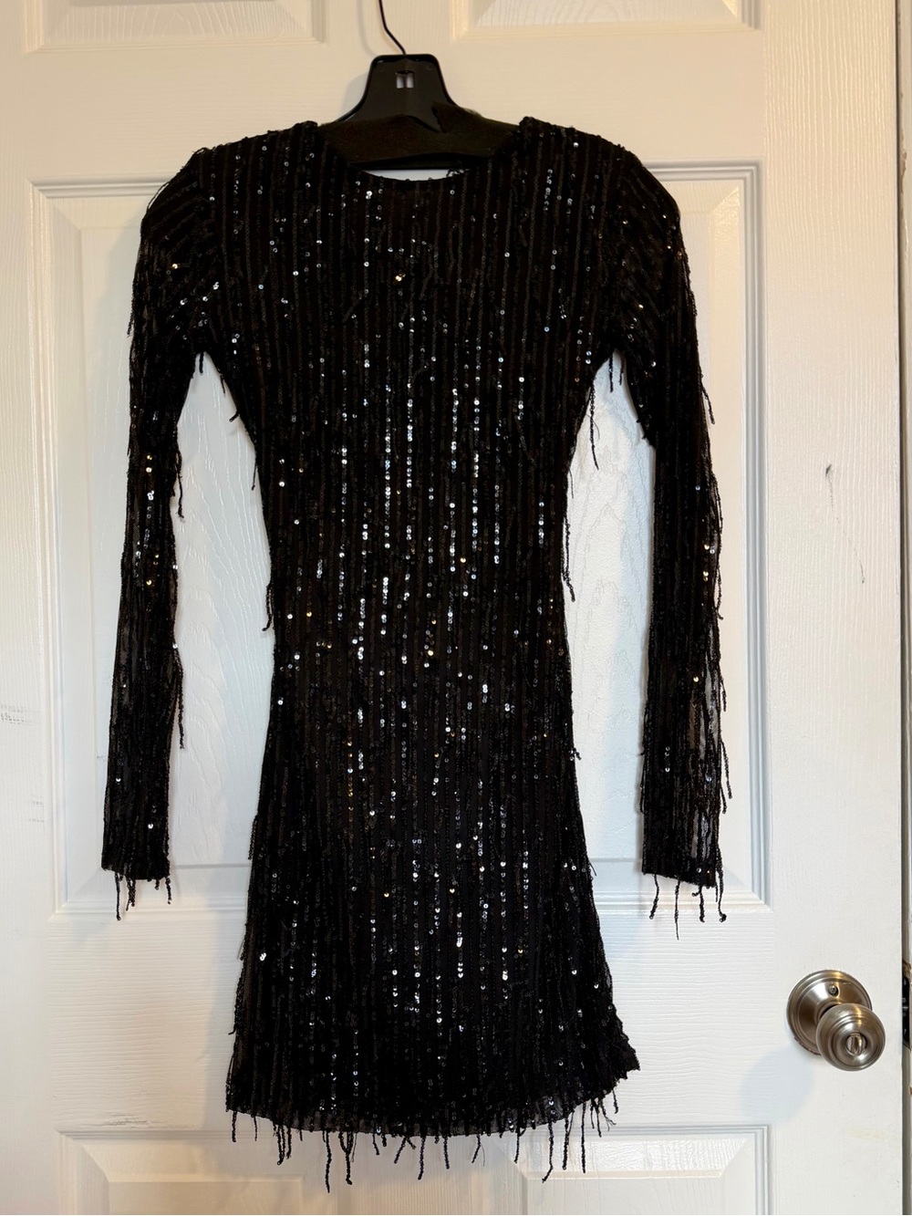 B Darlin Black Sequin Fringe Long-Sleeve and open back Mini Dress